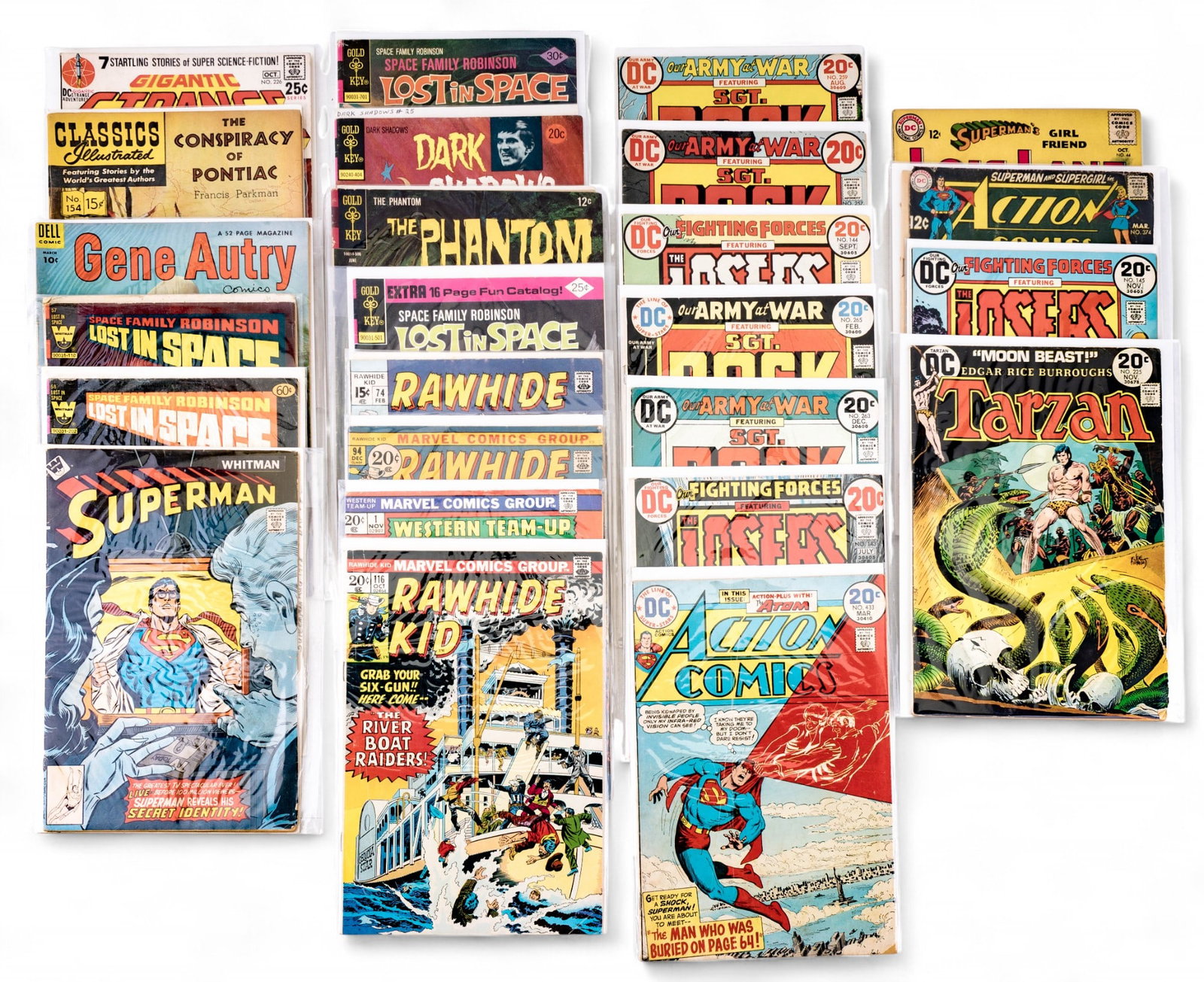 Vintage Comic Books - DC, Marvel, Gold Key & Dell: 25 Silver and Bronze Age comics spanning superheroes, war, western, sci-fi, and TV tie-ins. Includes DC Action Comics, Lois Lane, Superman, Our Army at War (Sgt. Rock), and The Losers; Marvel westerns