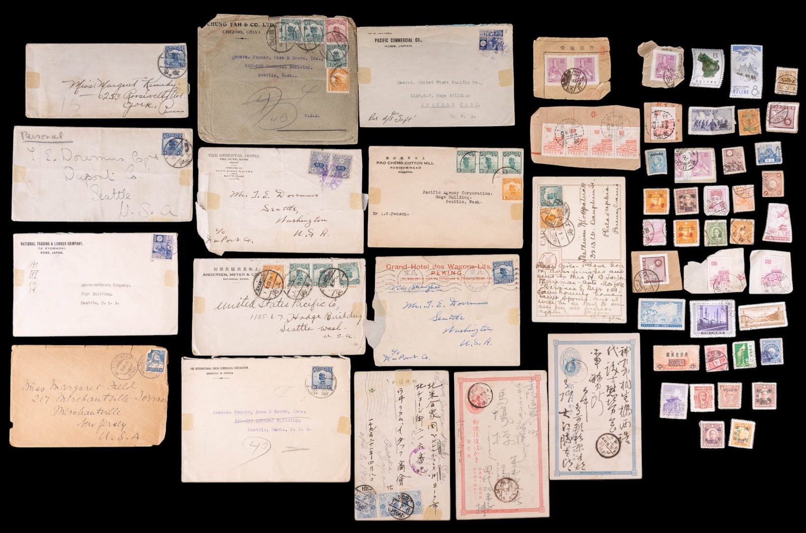 Early 20th C Canceled Chinese and Japanese Postage: A collection of early 20th C canceled Chinese and Japanese postage, including hand written envelopes and post cards.