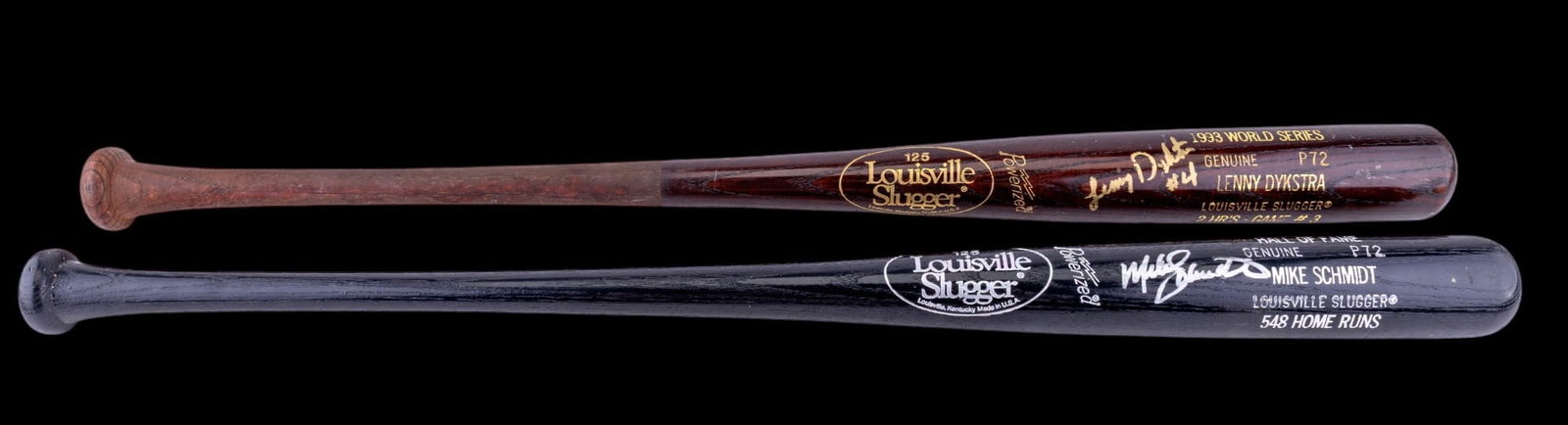 Mike Schmidt and Lenny Dykstra Signed Bats: A Hall of Fame Louisville Slugger signed by Mike Schmidt, including autograph ticket, and a World Series 1993 2-homer game commemorative Louisville Slugger signed by Lenny Dykstra, no COA.