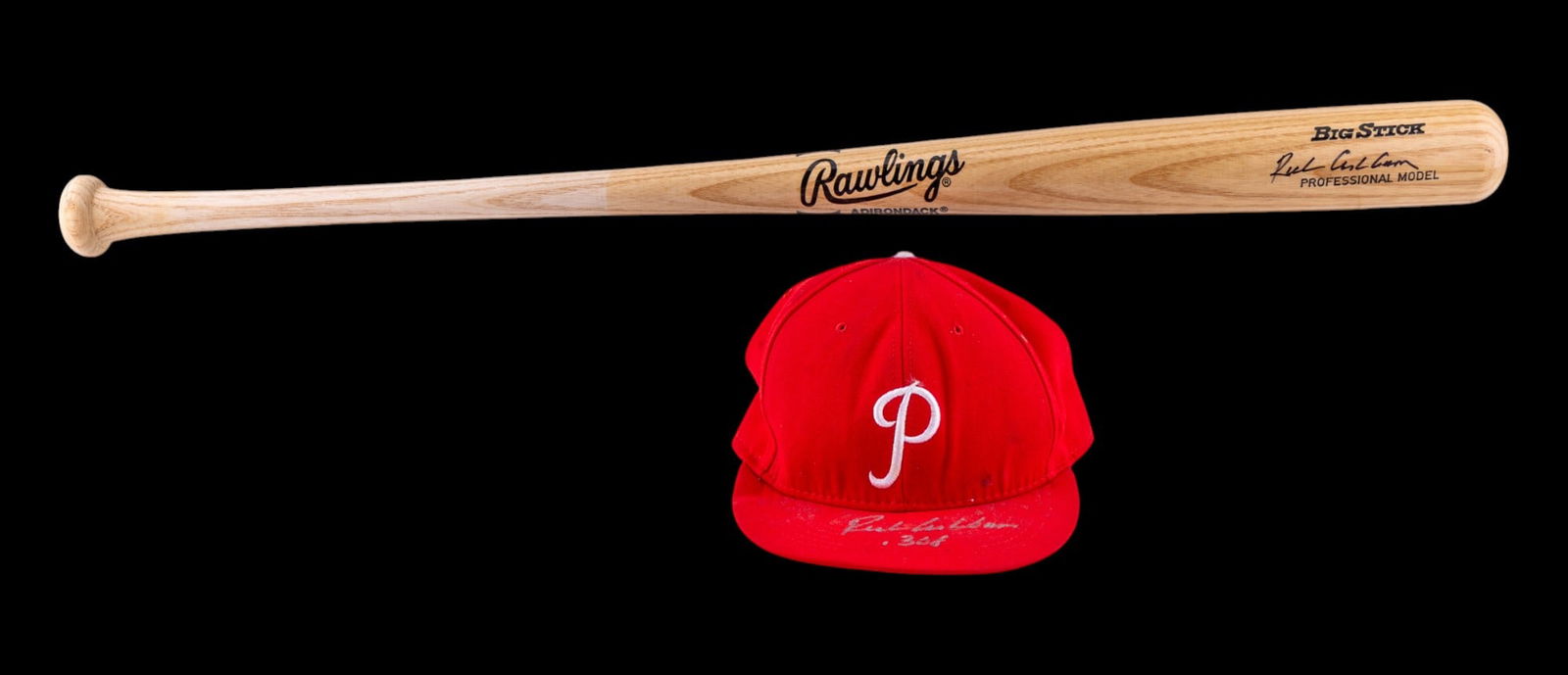Richie Ashburn Signed Bat and Hat: A Rawlings Big Stick baseball bat and classic Philadelphia Phillies hat signed by Richie Ashburn as 'Rick Ashburn'. No COA.