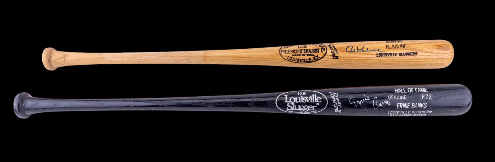 Ernie Banks and Al Kaline Signed Bats: A Hall of Fame Louisville Slugger signed by Ernie Banks commemorating 512 home runs and a Louisville Slugger signed by Al Kaline. No COA.