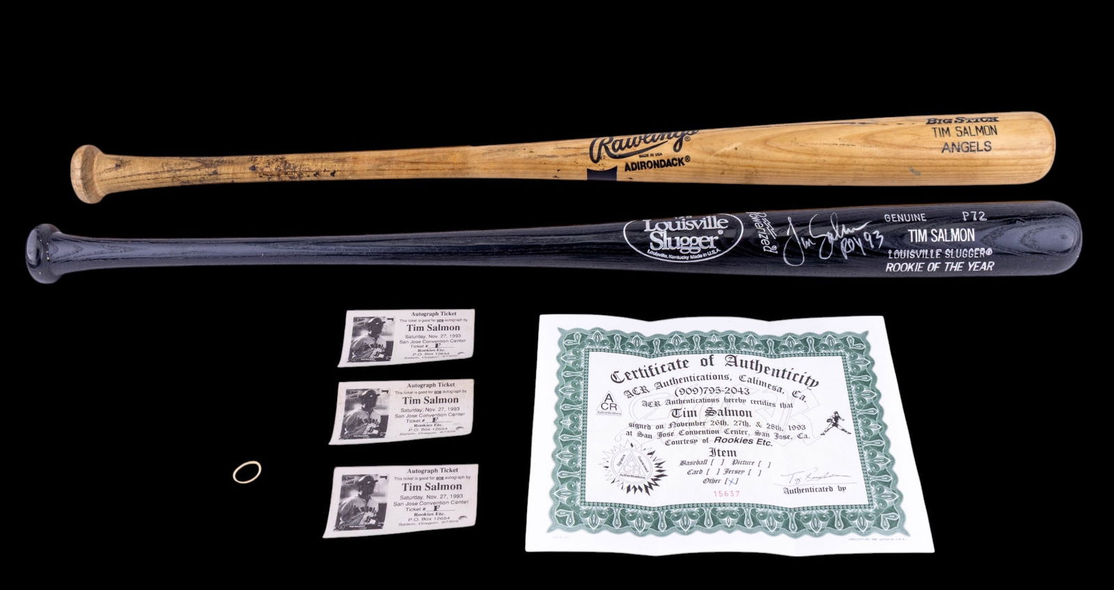 Tim Salmon ROTY Signed Bat and Game Used Bat: Tim Salmon Rawlings Adirondack Big Stick game used bat, including certification letter and payment receipt, and a Louisville Slugger Rookie of the Year signed bat featuring Tim Salmon's signature, inc