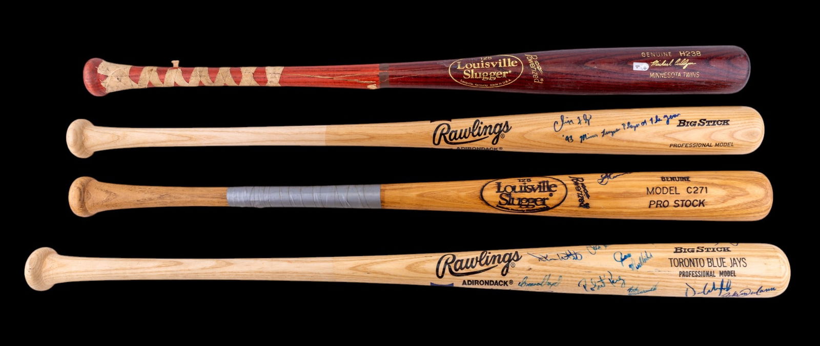 MLB Game Used and Signed Baseball Bats: A collection of four MLB game used and signed baseball bats including an in game holographic authenticated bat used by Michael Cuddyer, a Cliff Floyd signed 1993 USA Today Minor League Player of the Y