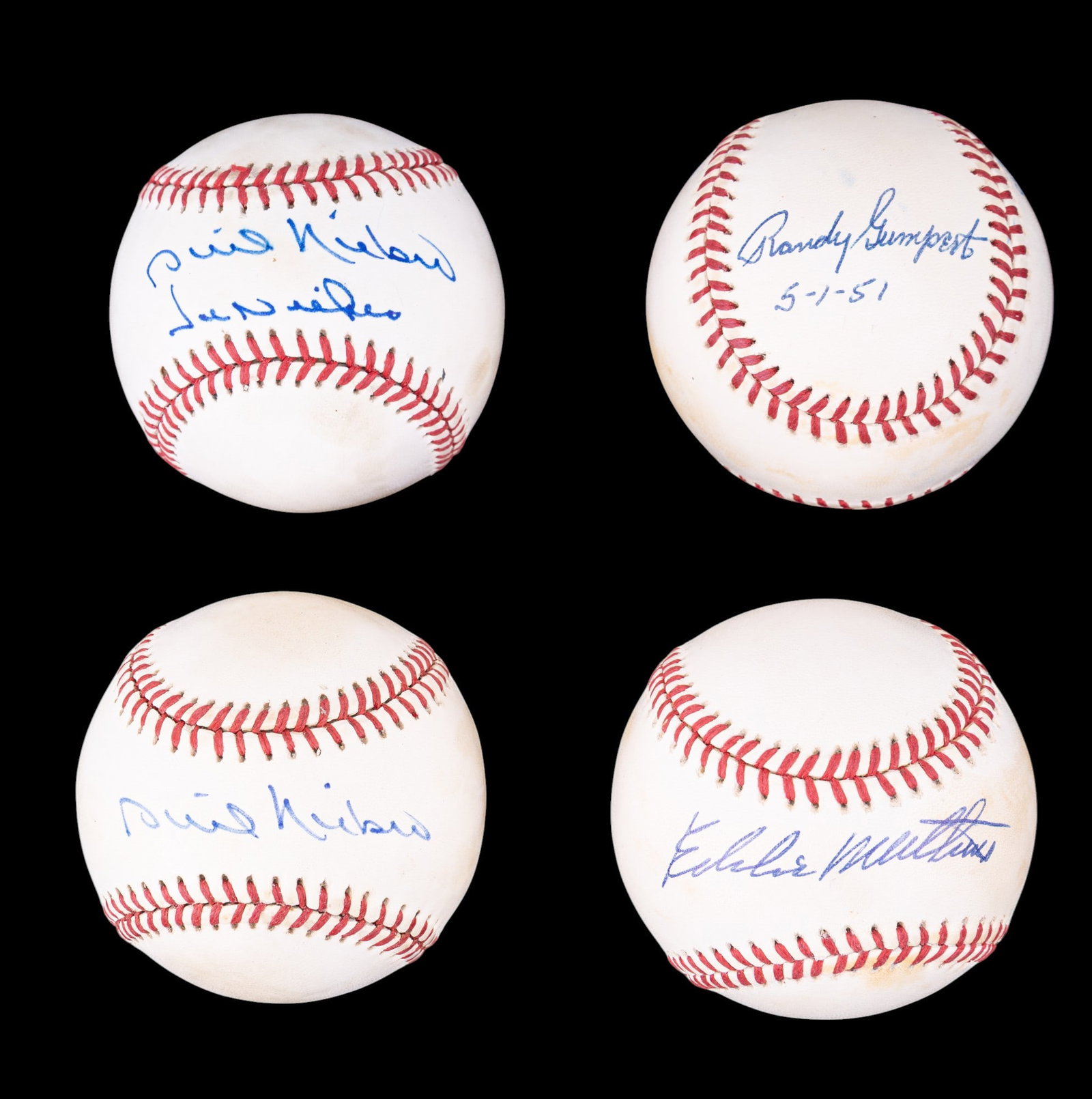 MLB Player Signed Baseballs (4): A collection of four MLB player signed baseballs featuring two signed by Phil Niekro, one Eddie Mathews, and one Randy Gumpert. No COAs.