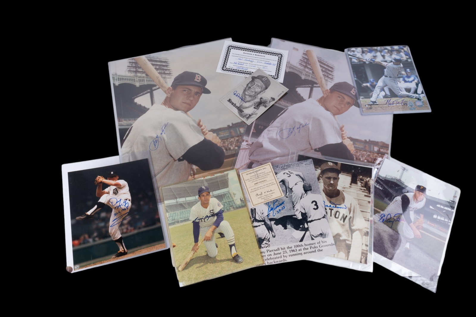 Signed MLB Player Photos: A collection of signed MLB player photos including 8x10s of Al Kaline, Mark Teixeira, Bob Doerr, Jimmy Piersall, Luis Aparicio, Denny McLain, Elroy Face, two 16x20s of Carl Yastrzemski and a print of 