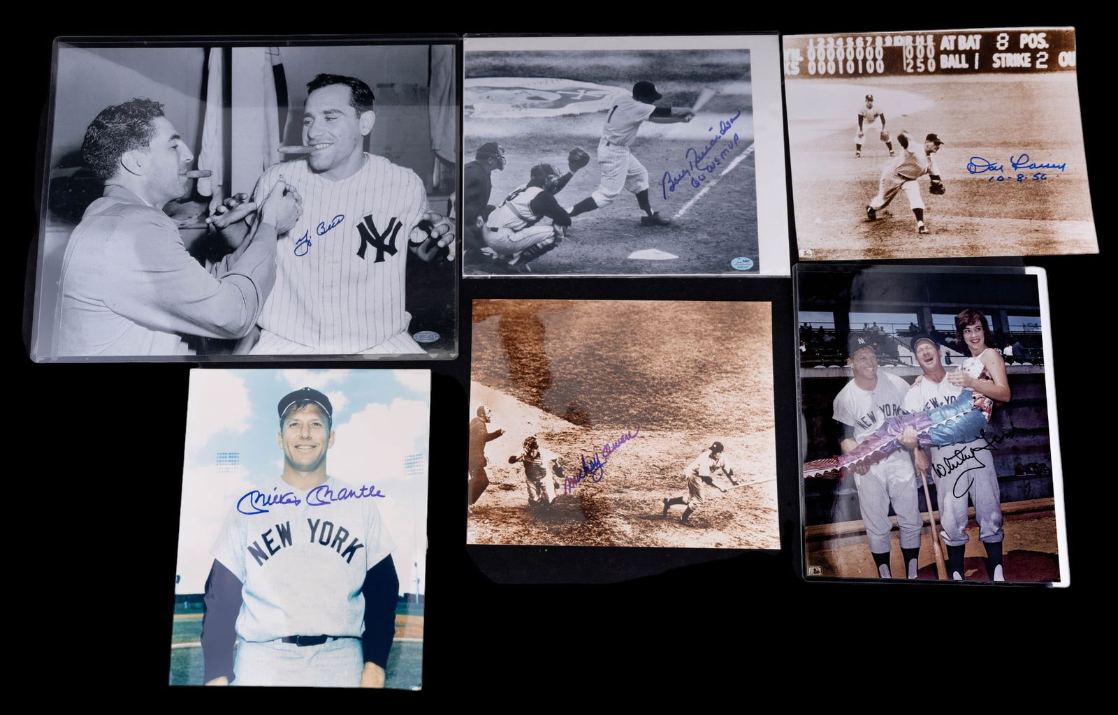 New York Yankee Player Photos Signed w/ COAs: A collection of autographed New York Yankees vintage player photographs featuring 1960 World Series MVP Bobby Richardson, Mickey Owen, Don Larsen, a Whitey Ford autographed photo depicting him and Mic