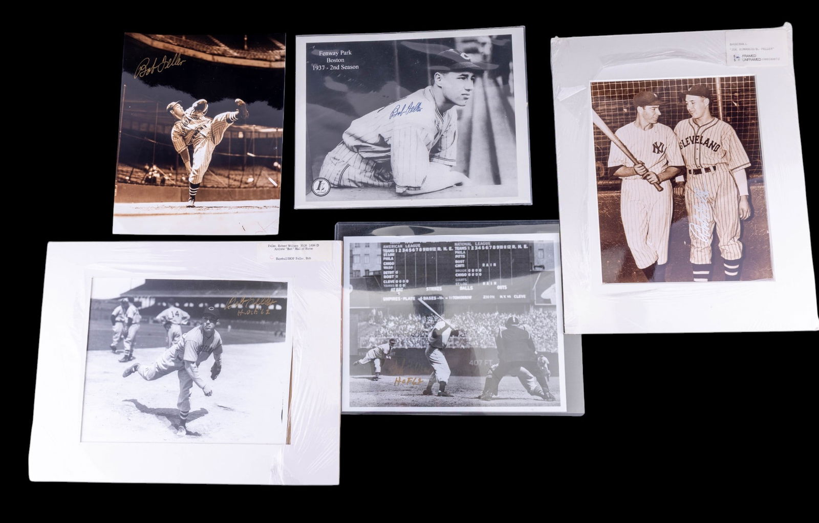 Bob Feller Autographed Photos w/ COA: A collection of four Bob Feller autographed photos including COAs and Autograph event ticket stubs.