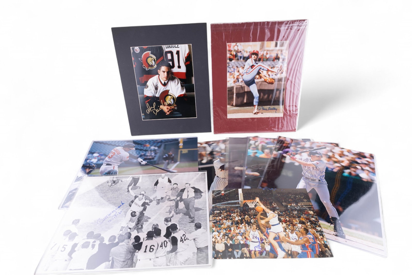 Autographed Sports Photos Some ~16" x 20": A collection of large format autographed sports photos including 16x20 photos featuring Carlton Fisk, Tony Gwynn, Tim Salmon, and Chris Davis, all with COA, matted signed photos of Steve Carlton and A