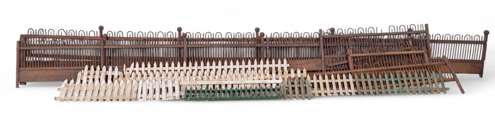 Vintage Model Train Fences, Long up to 7.5': Group of antique / vintage hand-crafted model train layout fences/barriers of various sizes and colors. Longest piece measures approx. 92.5" L. Pickup or special shipping considerations may be needed 