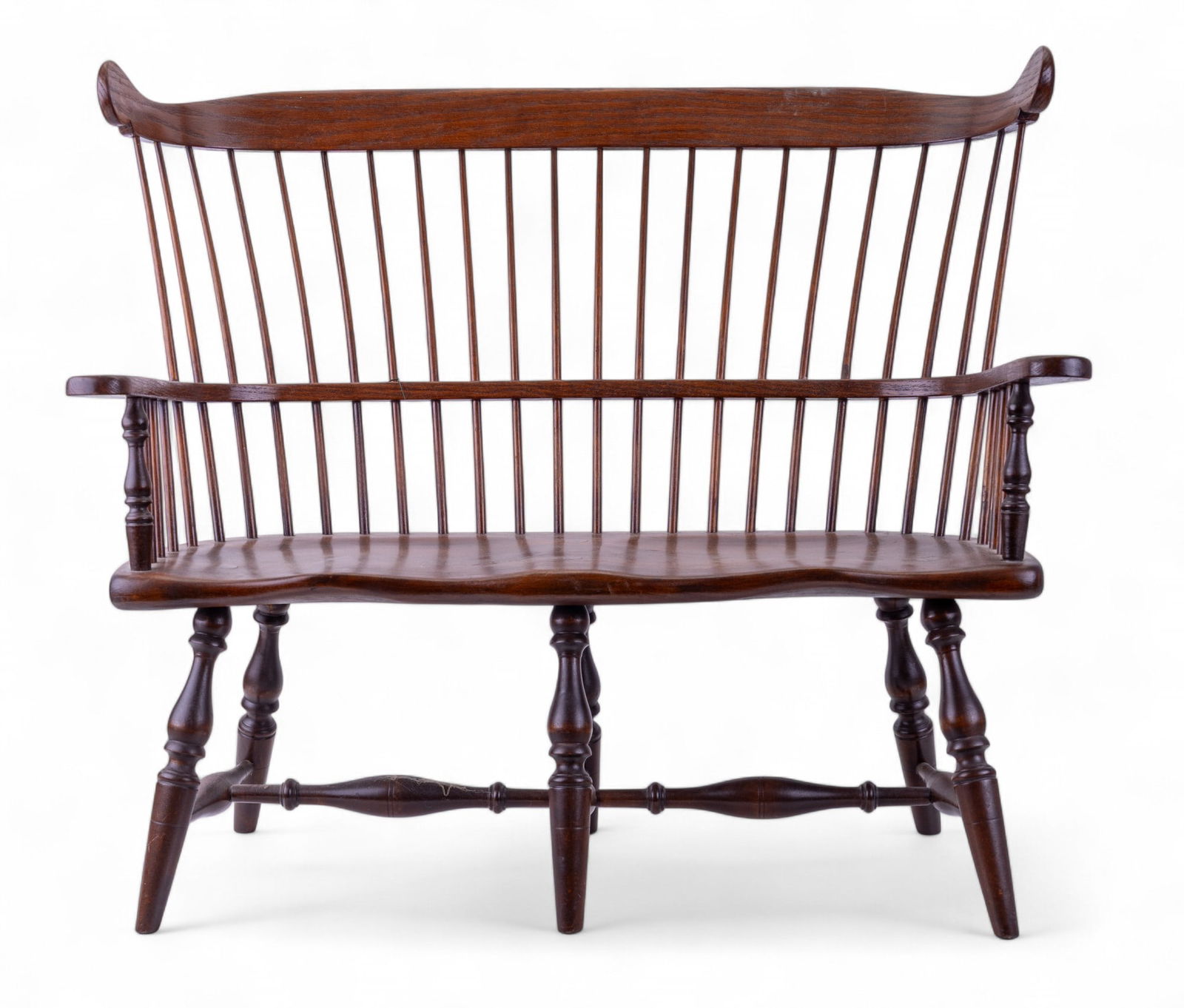 Small Scale Windsor Style Bench / Settee: Small scale Windsor style solid wood bench, branded "Hand Crafted by Donald J. Shook", perfect for any doll collector. Measures approx. 21.5" H x 25.5" W x 12" D, see photos for human scale. Possible