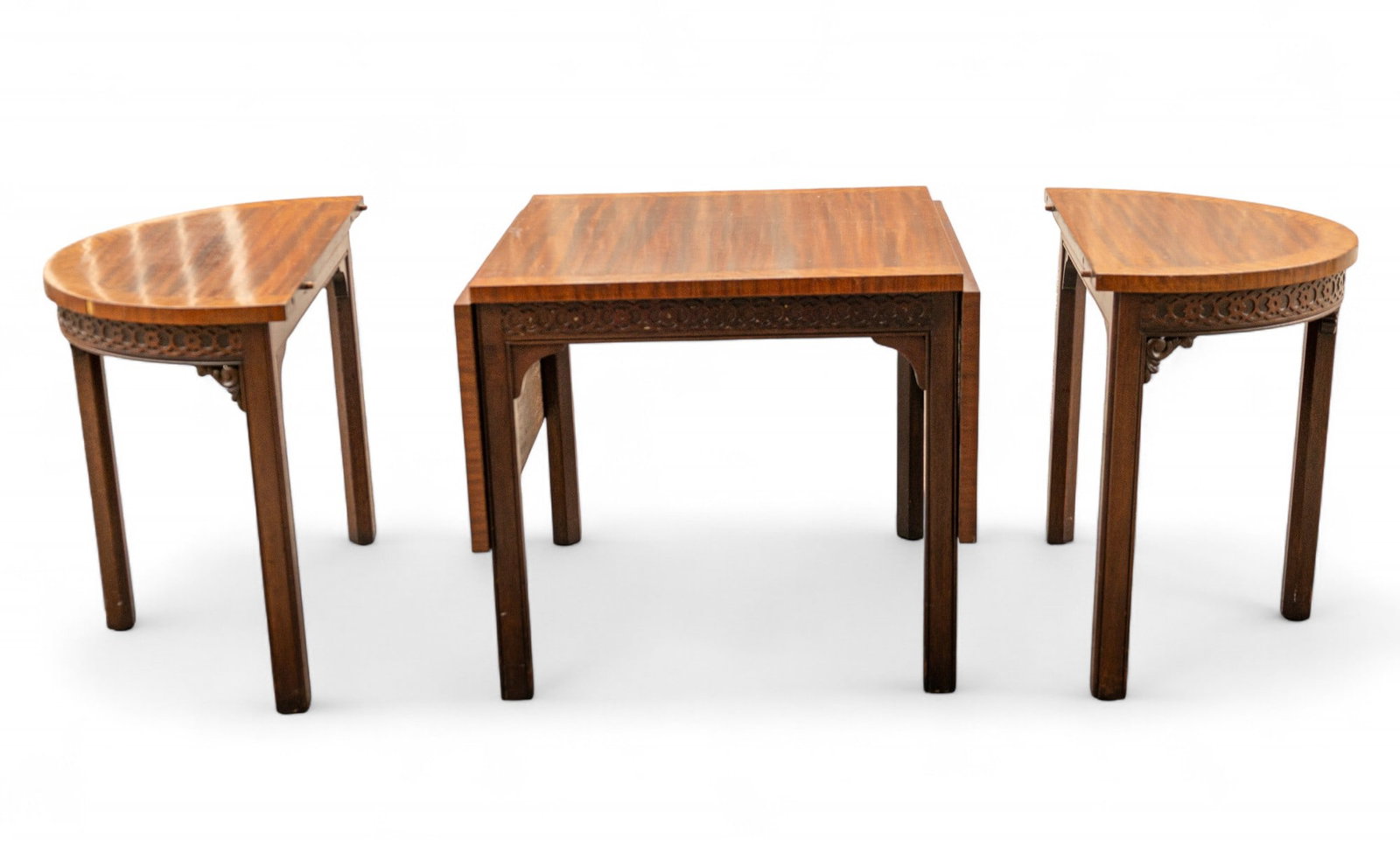 Chippendale Style Salesman Sample Dining Table: Chippendale style salesman sample / small scale D-end dining table, made with mahogany, some veneer, fretwork design, drop leaves connect to ends, center drop leaf section measures approx. 17.25" H x 