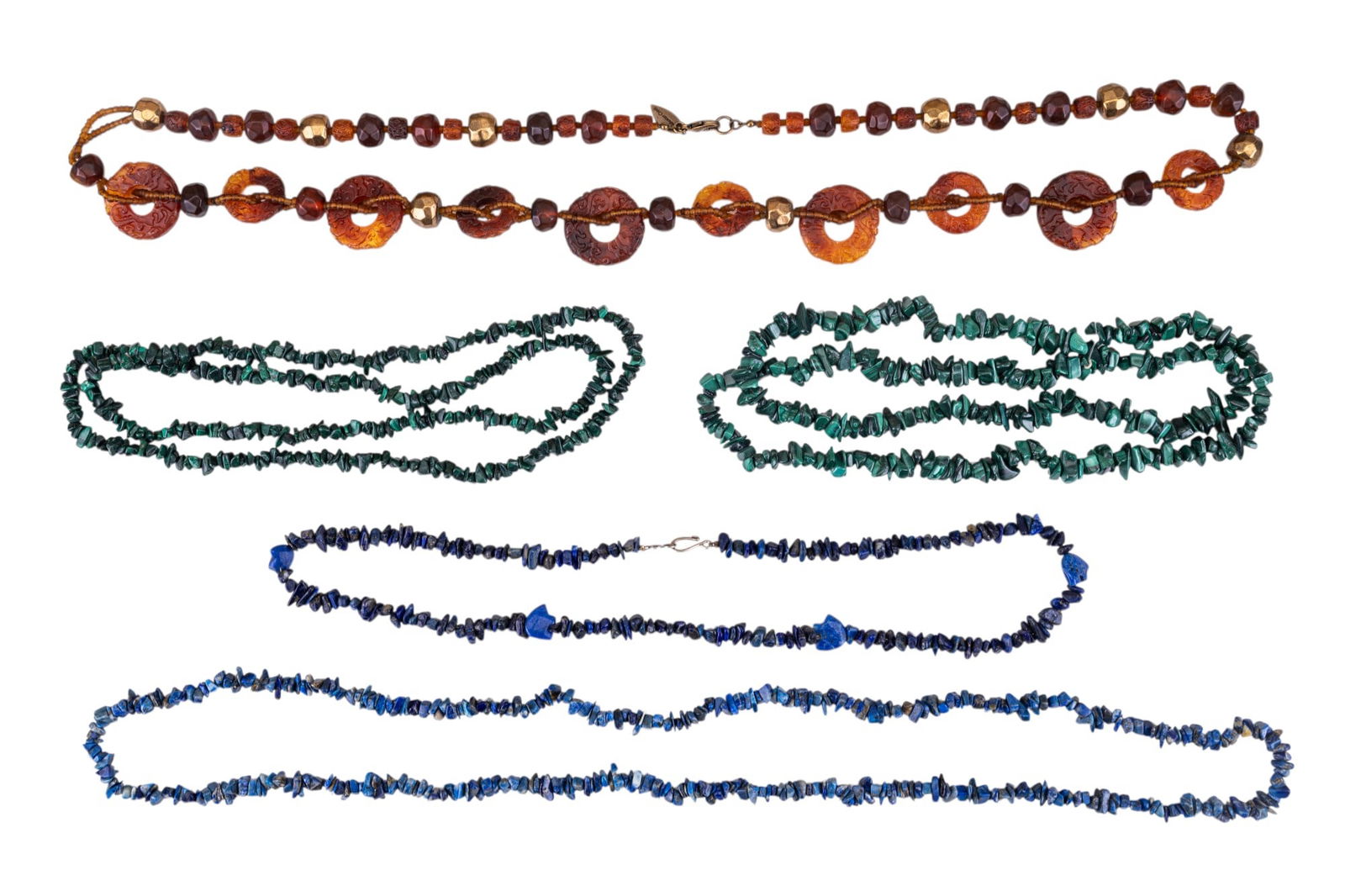 Lapis and Malachite Necklaces: Includes several natural malachite and lapis necklaces and one carved stone necklace.