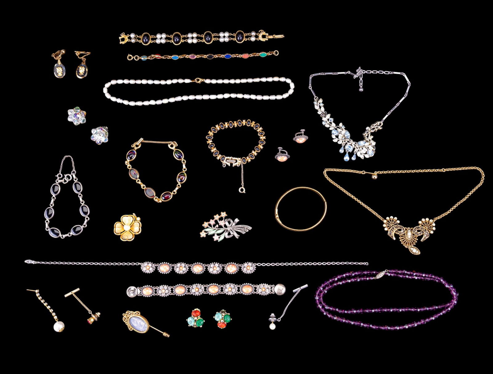 Coro and Vintage Retro Estate Jewelry: Coro ornate vintage necklace (circa 1940-1950s), Sara Coventry pearl-style and other necklaces, 3-piece coral-style necklace, bracelet + earrings, bracelets in several styles, Lisner clover brooch and