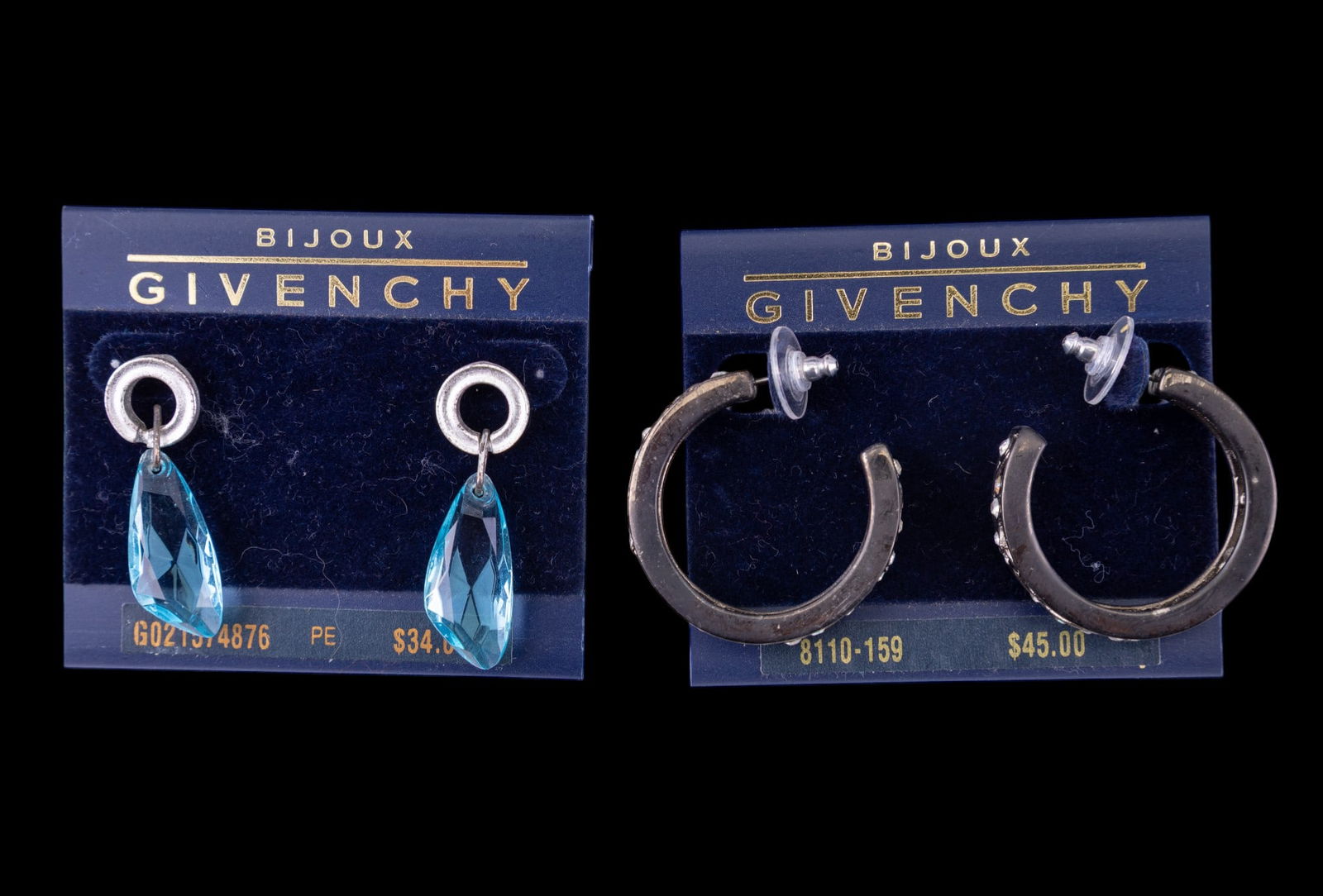 Givenchy Designer Earrings: Givenchy designer earrings including: rhinestone crystal large hoops and asymetrical floating blue vintage earrings.