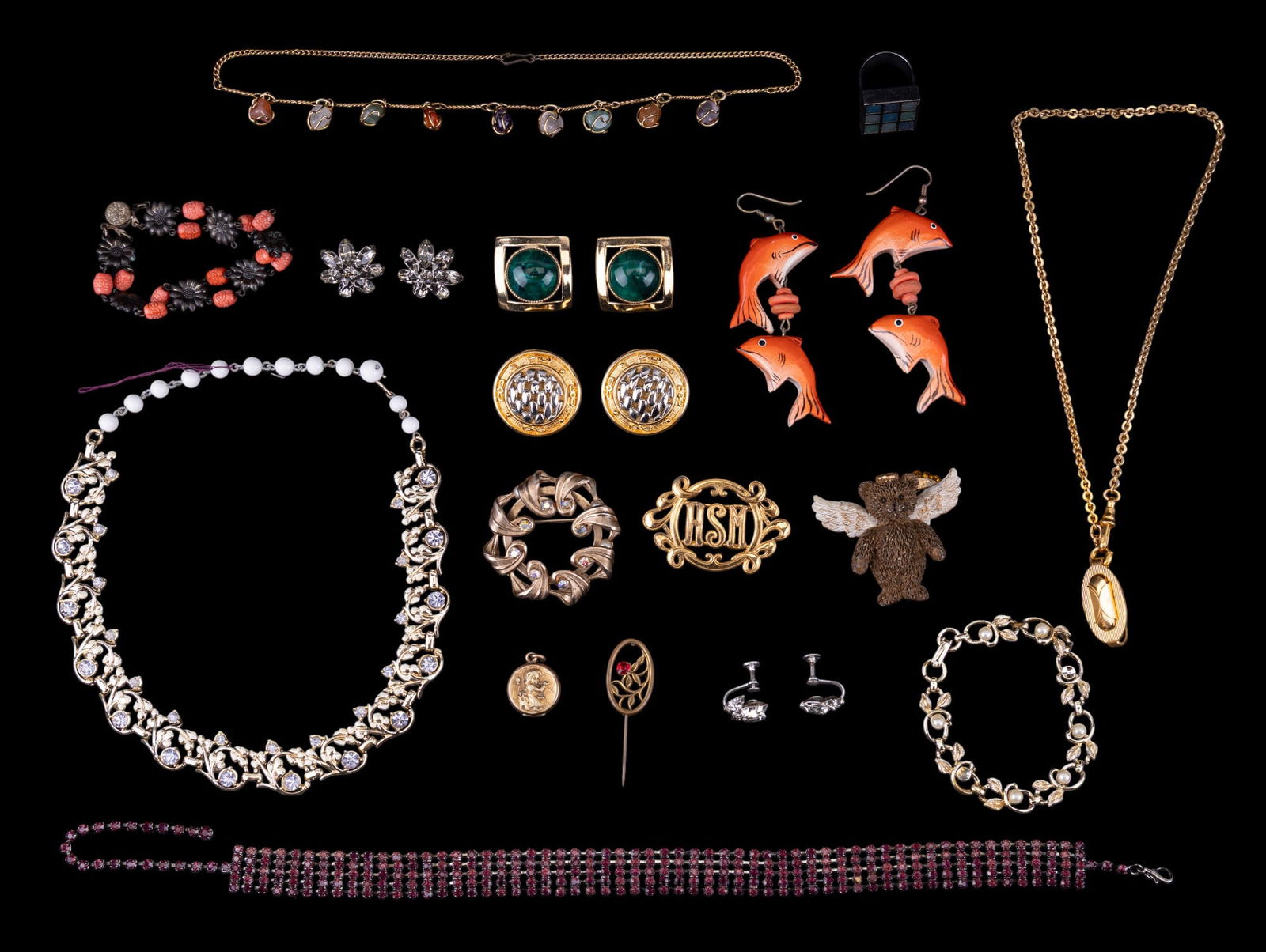 Coro and Vintage Estate Jewelry: Includes Coro necklace gold-tone with clear stones, many vintage pins, several pairs of earrings, ring, and more.