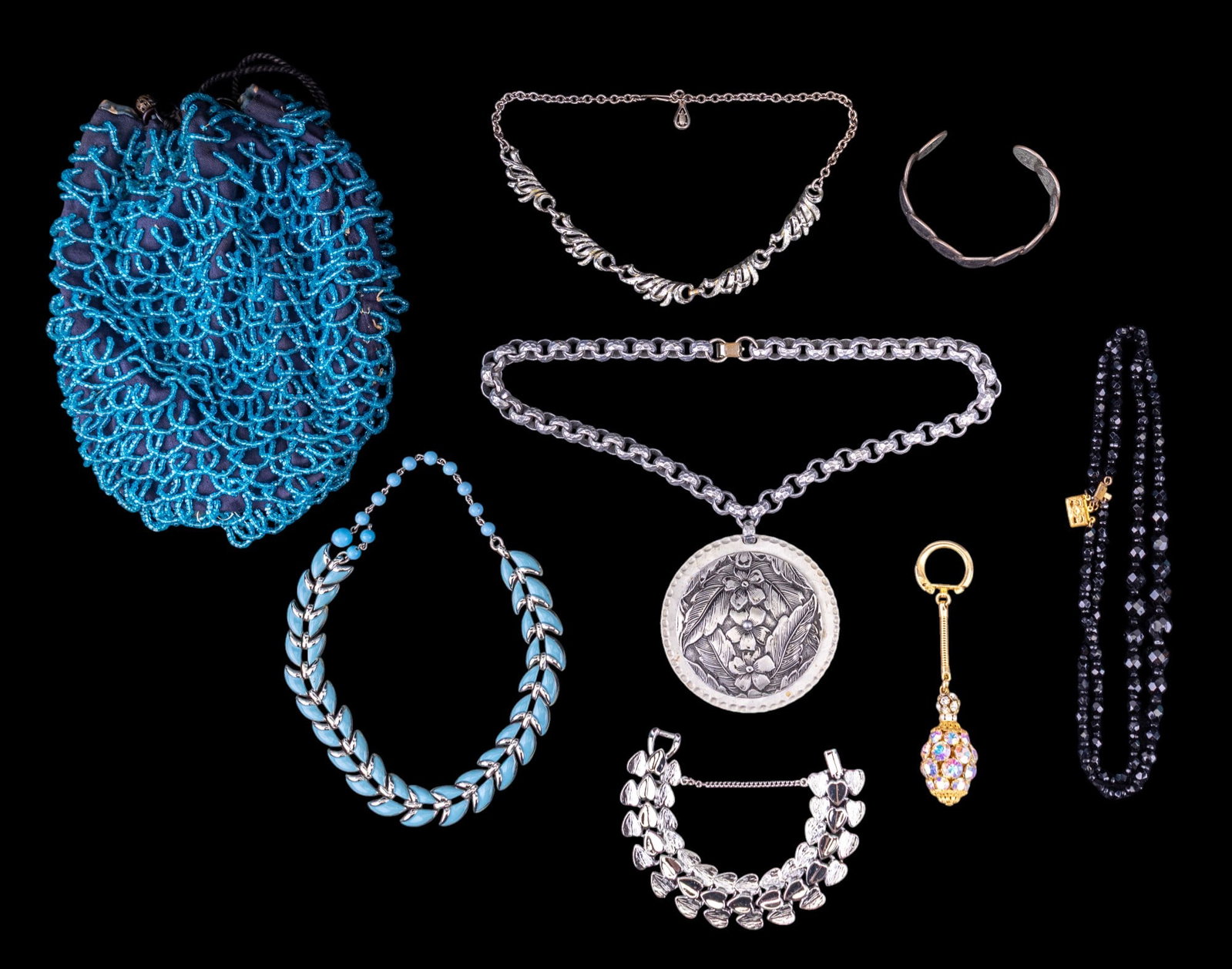 Vintage Purse and Vintage Jewelry: Includes blue glass bead Victorian bag, a bracelet made from dimes, and several vintage necklaces.