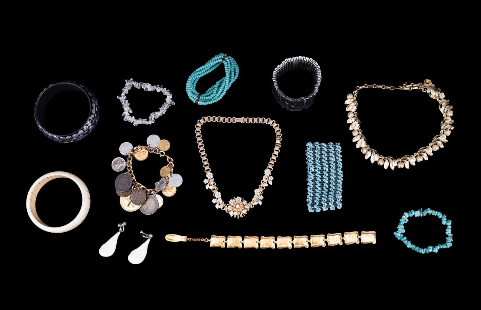 Coin Charm Bracelet and Vintage Jewelry: Includes a foreign coin charm bracelet, turquoise-style bracelets, bone braclet, Ten Commandment bracelet, necklaces, and more.