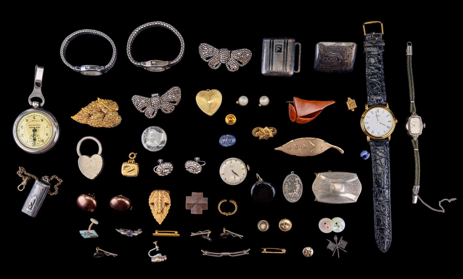 Watches, Miscellaneous Jewelry, and Parts: Includes New Haven podometer, Timex, Citizen quartz, Sharp, Caravelle, and a Lord Elgin movement only. Also includes shoe clips, buckles, and more.