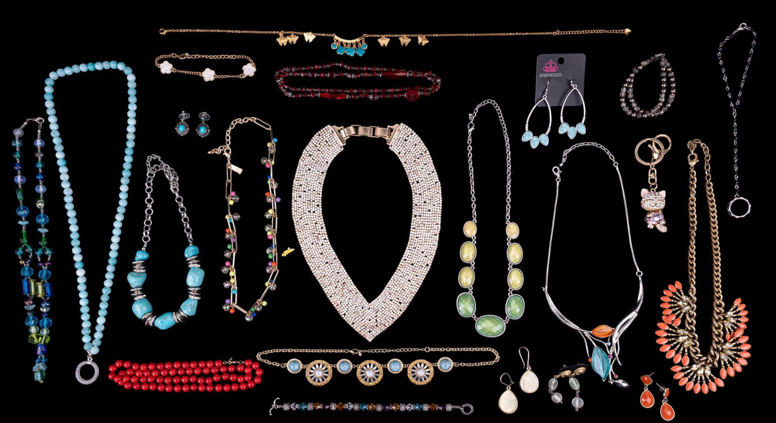 Crystal, Glass Beaded, Rhinestone, Costume Jewelry: Grouping includes a Monet red ceramic beaded necklace, blue glass beaded necklace, crystal bead necklace with bar and hoop clasp, a Stella & Dot gold tone rhinestone enamel statement necklace, a rhine