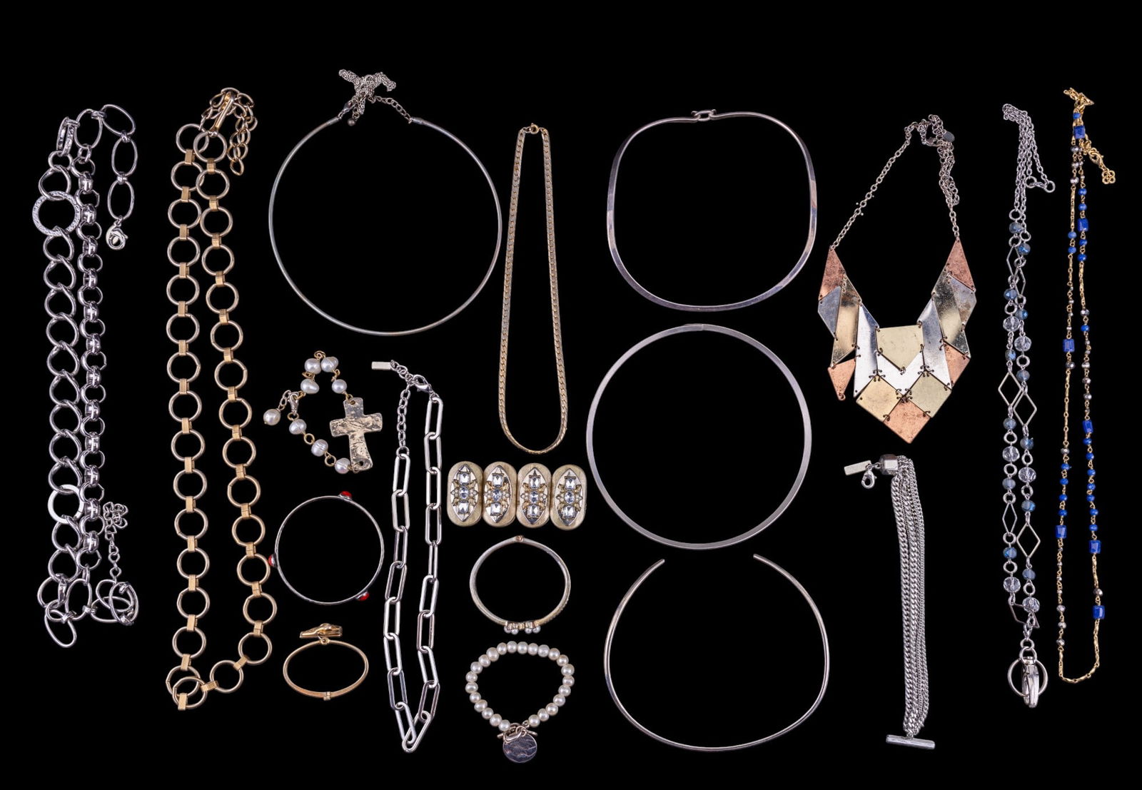 Designer Bracelets, Anne Klein & More?: A collection of pearl style bracelets one marker ML, Sugar Fix, Chico?s, accompanied by an assortment of fashion jewelry, chain-link necklaces, Anne Klein faux pearl silver-tone cuff bracelet, drank t