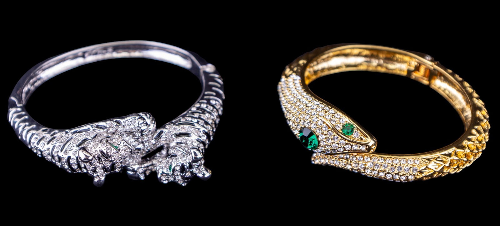 Snake and Panther Bracelets: Includes a gold tone and crystal statement snake bracelet and a silver-tone double panther bracelet.