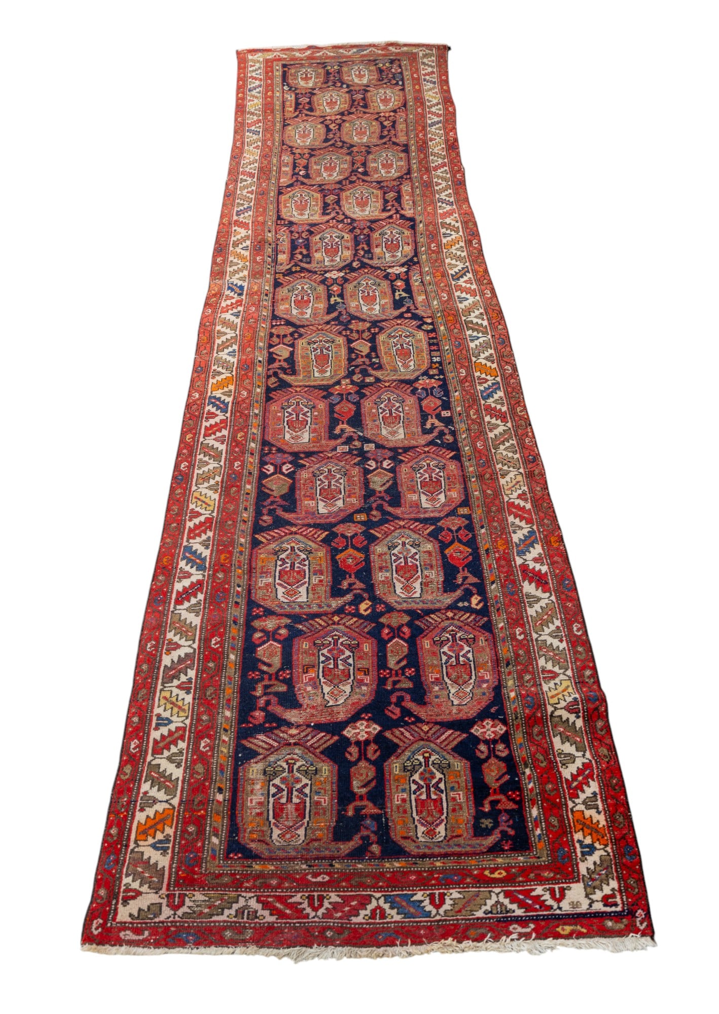 Antique Persian Ardabil Runner Rug (~16'8"L): Antique Persian Ardabil runner rug approx. 16'8" x 3'1" w/ red, dark blue, medium blue, livid blue-grey, orange, brown, tan, & ivory patterns w/ geometric & floral motifs. Some fringe wear. See photos