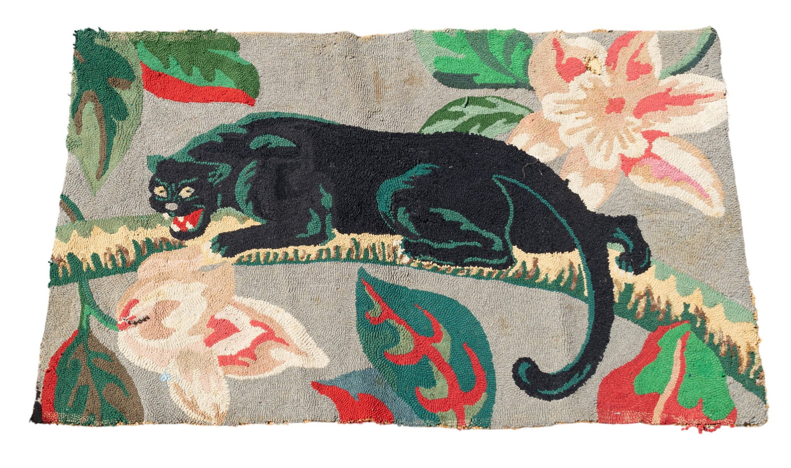 Jaguar Print Flat Weeve Rug: Flat weave rug with jaguar motifs. Measures approx. 4'5" x 2'10".