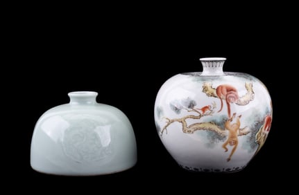 Chinese Famille Rose Vase + Celadon Water Pot