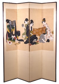 Large Scale Asian Painted 4 Panel Screen
