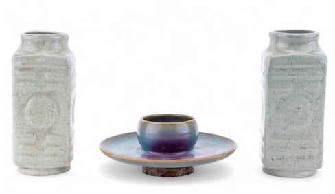 Jun Washer and Celadon Vases