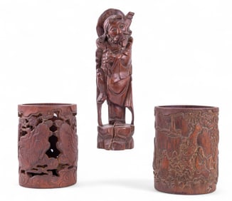 Carved Bamboo Brush Pots & Carved Wood Li Tieguai
