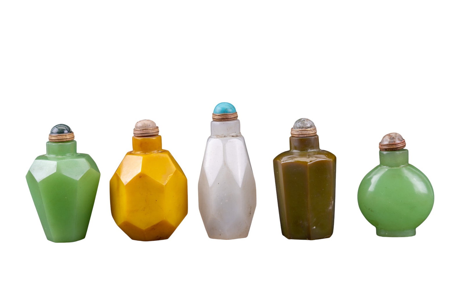 Peking Glass Snuff Bottles: A collection of five Peking Glass snuff bottles featuring white, yellow, jade green, and olive green.