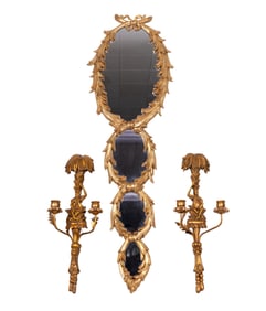 Giltwood Wall Sconces + Gilded Mirror