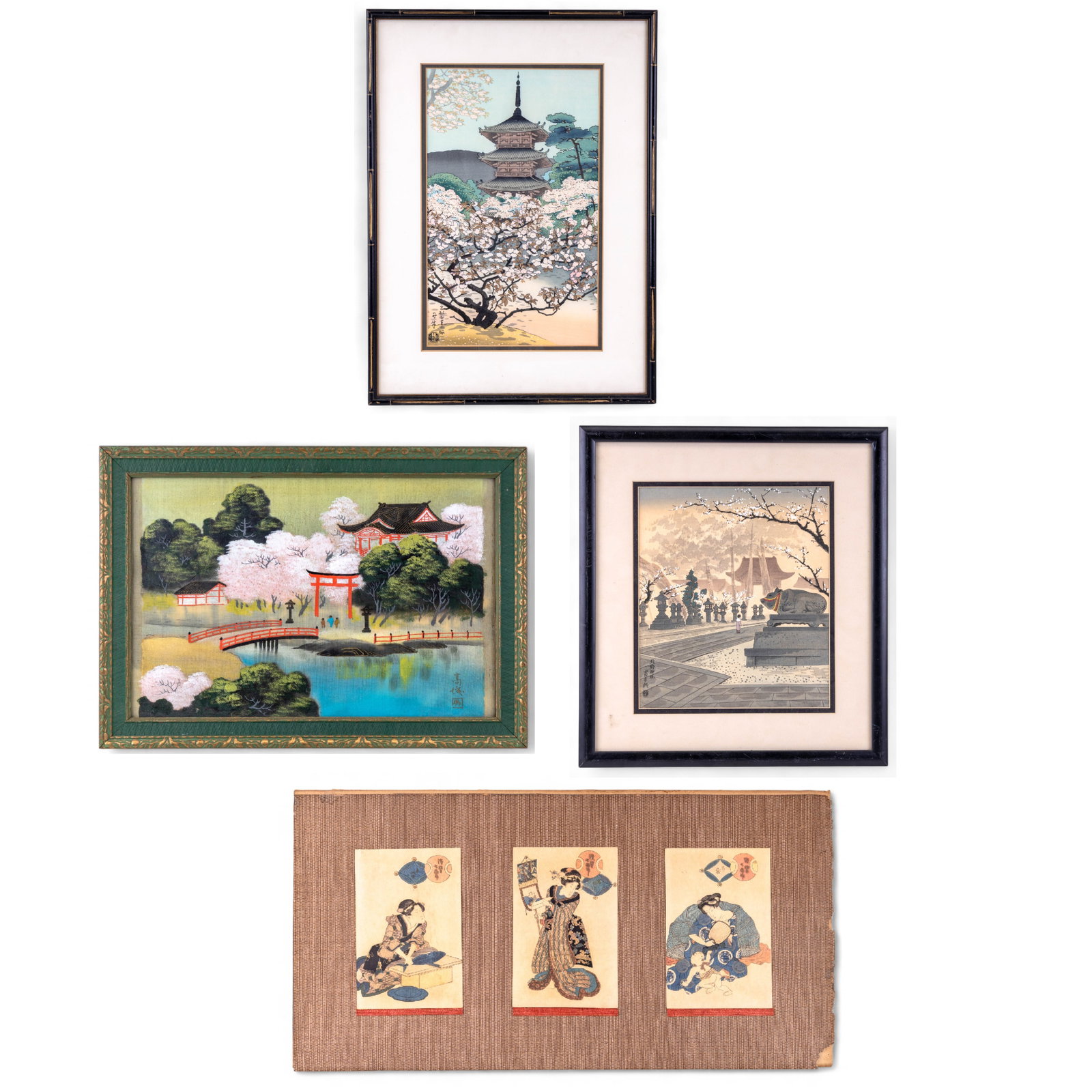 Japanese Wood Blocks + Silk Painting: Japanese hand embellished wood block trypdich mounted on textured paper, measures approx. 25.5" W x 13" H, a framed wood block print by Benji Asada titled 'The Pagoda of Ninnaji Temple in Kyoto', fram