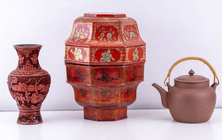 Chinese Wedding Box, Cinnabar Vase, Clay Tea Pot
