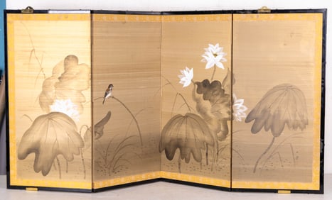 Hand Painted Chinese 4-Panel Screen