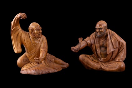 Pair of Carved Boxwood Asian Figures