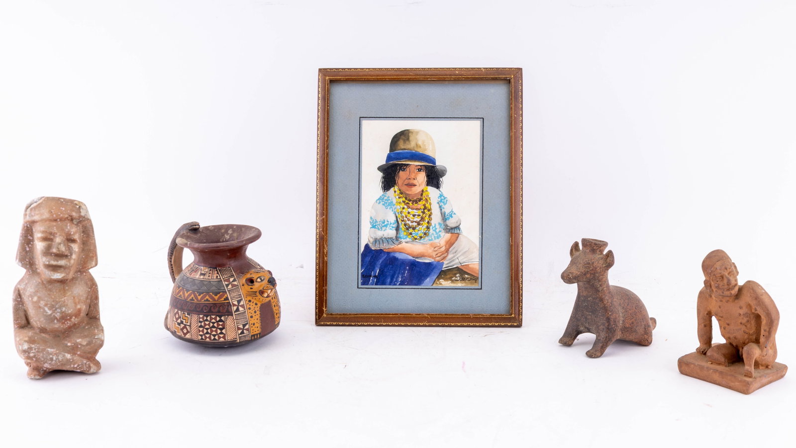 South American Folk Art & More: Lot includes a watercolor portrait of an indigenous woman in traditional attire, signed lower left; a painted and incised pottery vessel with jaguar head spout and geometric designs; and 3 Columbian s