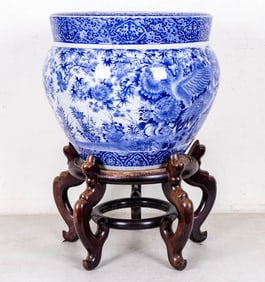 Asian Blue & White Porcelain Fish Bowl Planter