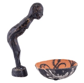 Carved Wood African Figure and Primitive Bowl
