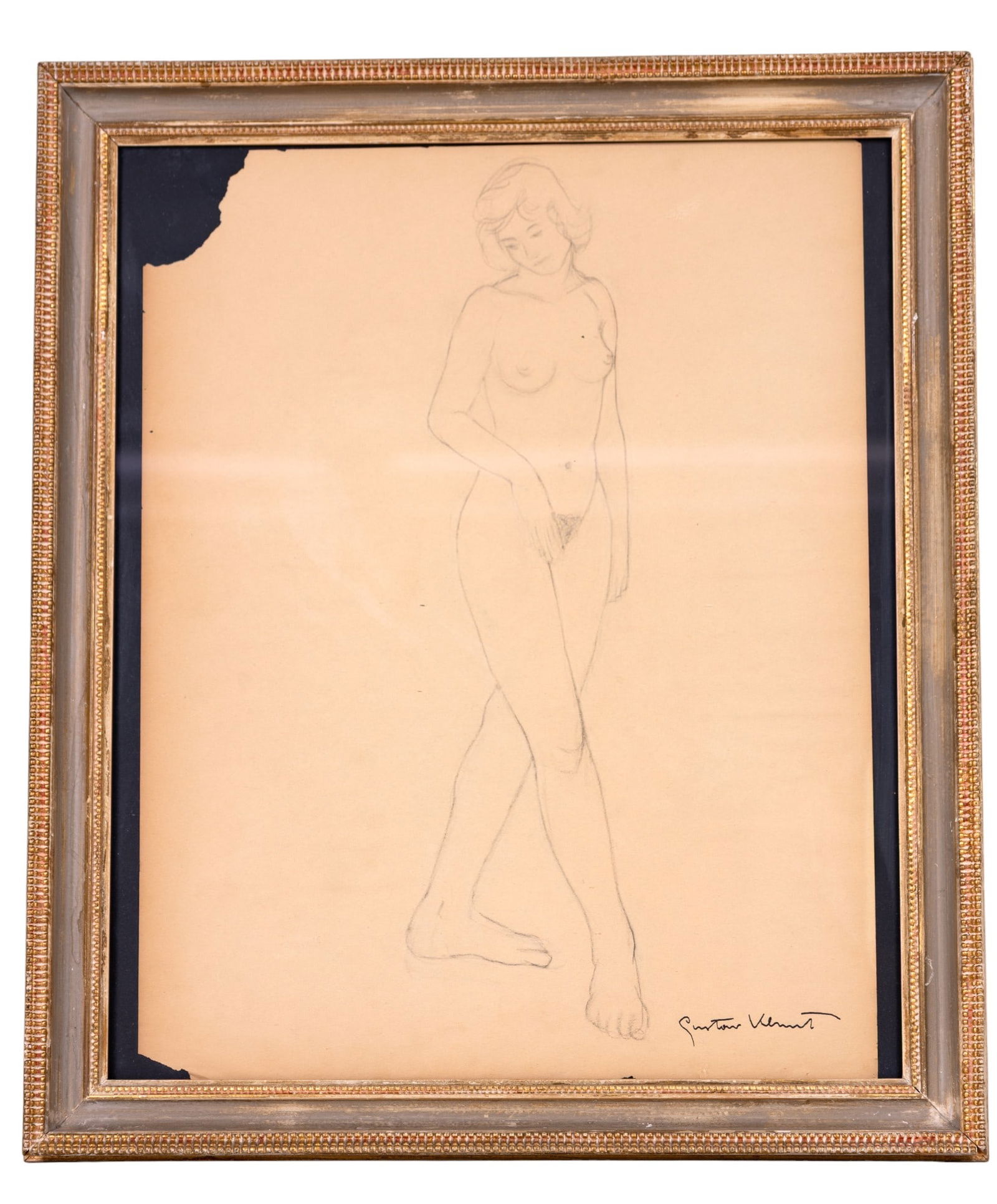 Signed Pencil Drawing of Female Nude: Signed Pencil Drawing of Female Nude, signed lower right and some loss to the original paper in the upper left measuring approximately 23 x 27.5 inches. Item is framed under glass.