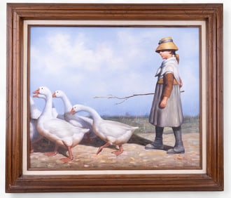 W. Hampton Signed O/C Girl with Geese