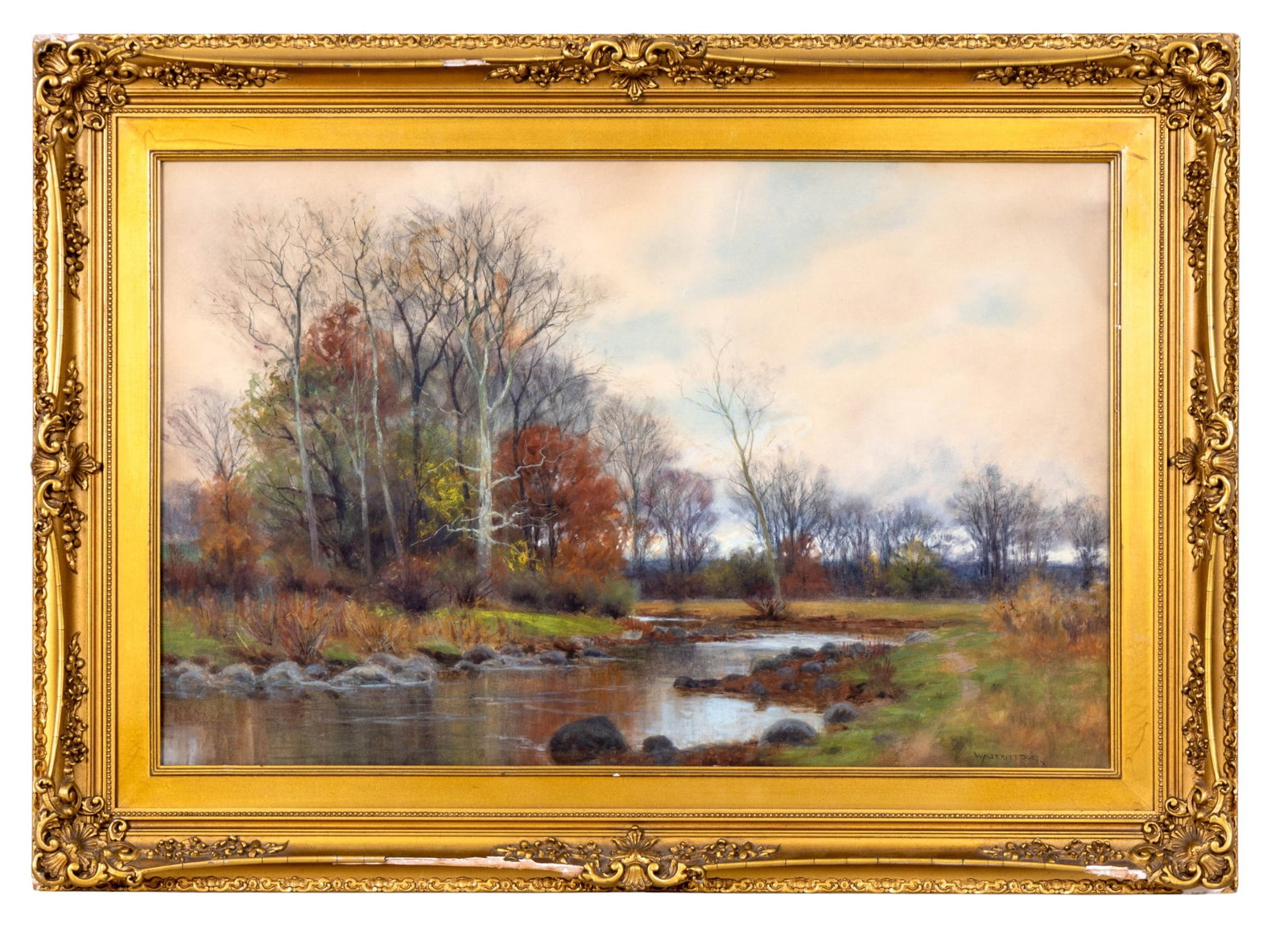 William Merritt Post (1856-1935) W/C Landscape: Watercolor painting on paper depicting a tranquil autumn woodland scene with river, signed lower right W. Merritt Post. Presented in ornate gilt frame. Measures approx. 25.5" H x 35.75" W OD.