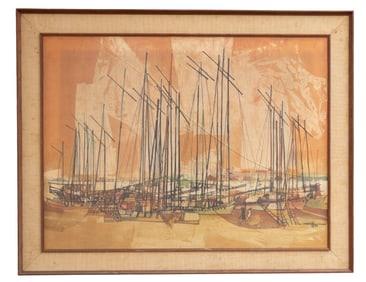 Signed Pastel Harbor Scene Painting
