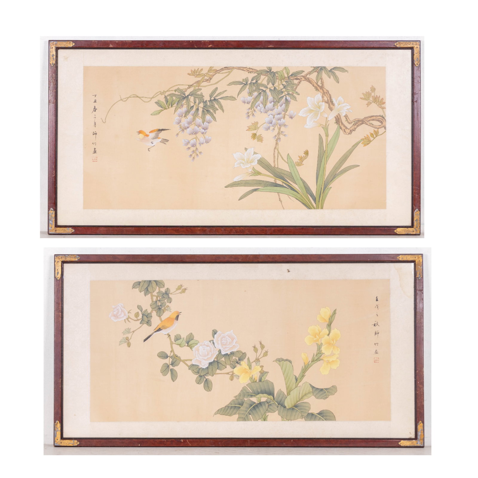 Japanese Paintings on Silk (2): A pair of Japanese paintings on silk, each finely rendered with vibrant natural subjects. One depicts a perched bird among white roses and yellow blooms, the other with a bird in flight near wisteria