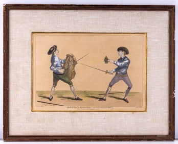 18th C Hand-Colored Engraving Sword Fighting