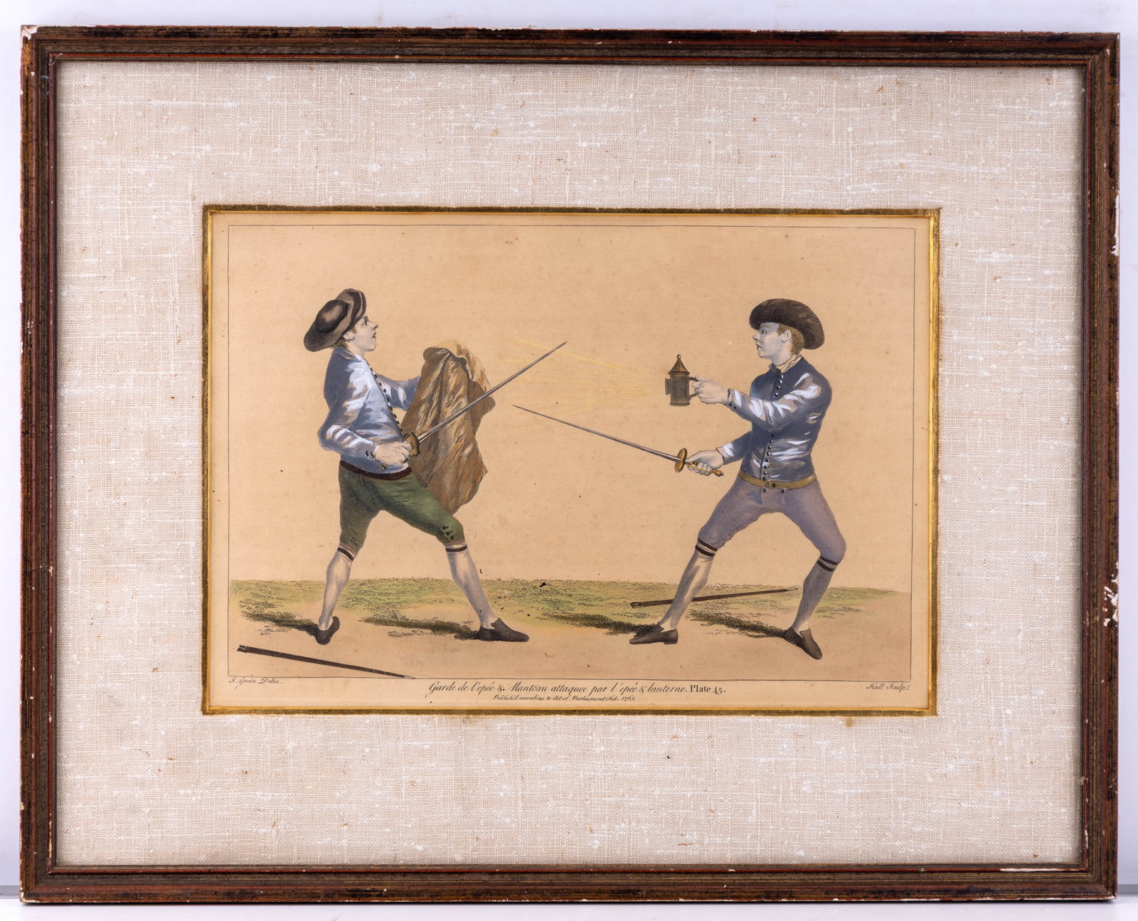 18th C Hand-Colored Engraving Sword Fighting: Framed hand-colored engraving titled Garde de l'epee & Mantea attaquee par l'epee & lanterne, plate 45. Published according to Act of Parliament, Feb. 1763. Image depicts two men fencing, one holding