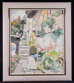 Signed Watercolor Cottage Scene by Harrison
