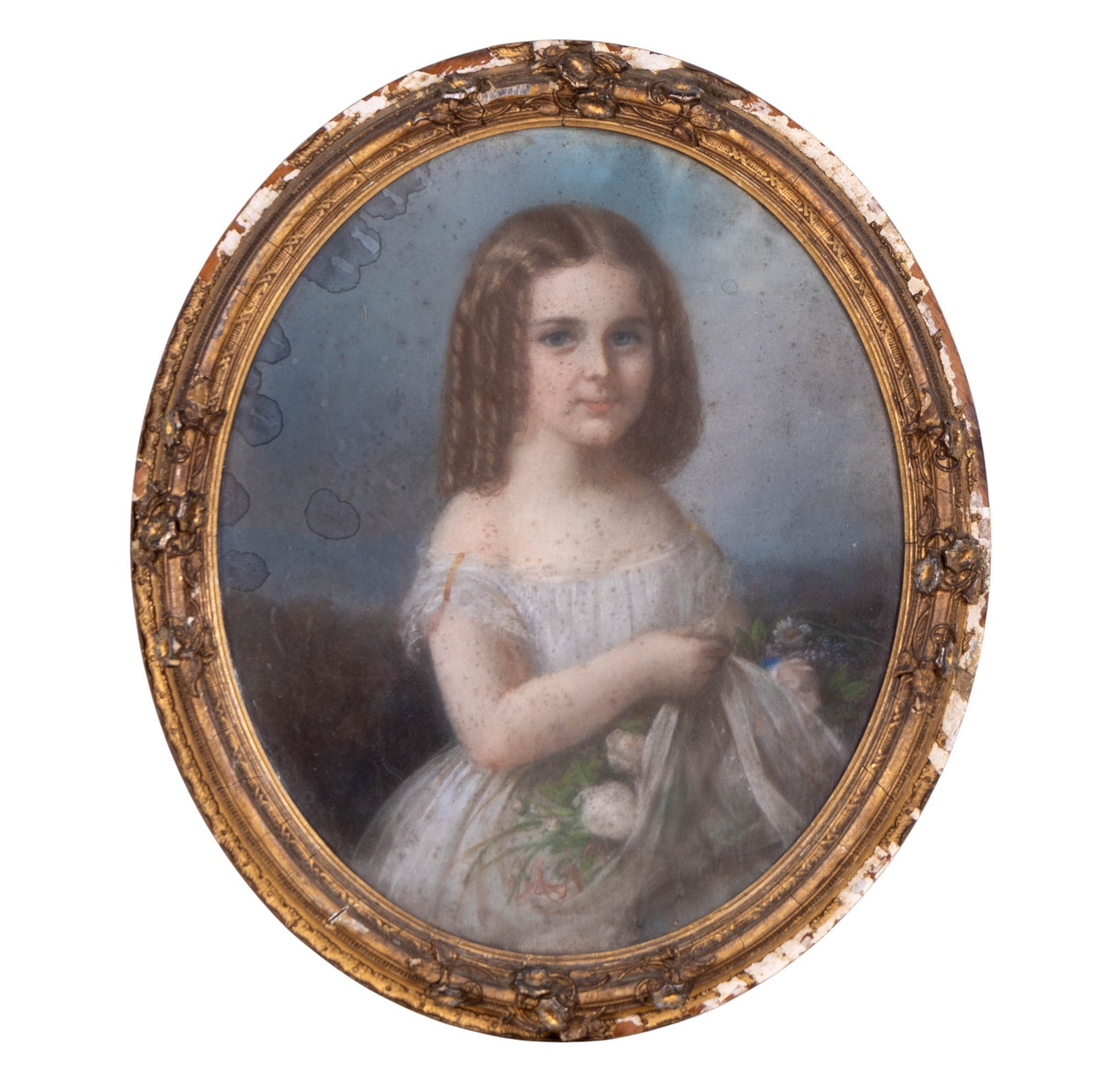 19th C Pastel of Young Girl, Oval Framed: A 19th C gilt plaster and wood oval framed pastel on paper portrait of a young girl holding flowers in the fabric of her white dress. Frame has loss, measures approx. 24" W x 29" H.