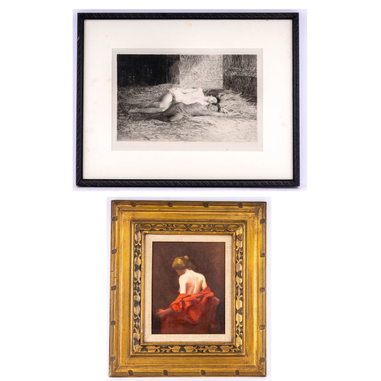 Nude Female Art (2 pcs): Including a oil on canvas of a lady in red revealing her shoulder, back and an engraving of a female prisoner embracing another female in a prison cell. Engraving has an exhibition seal in the lower l